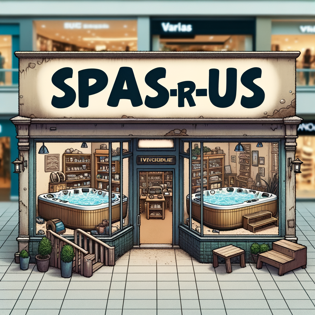 A shabby storefront of a shop in a mall that sells hot tubs called Spas-R-Us