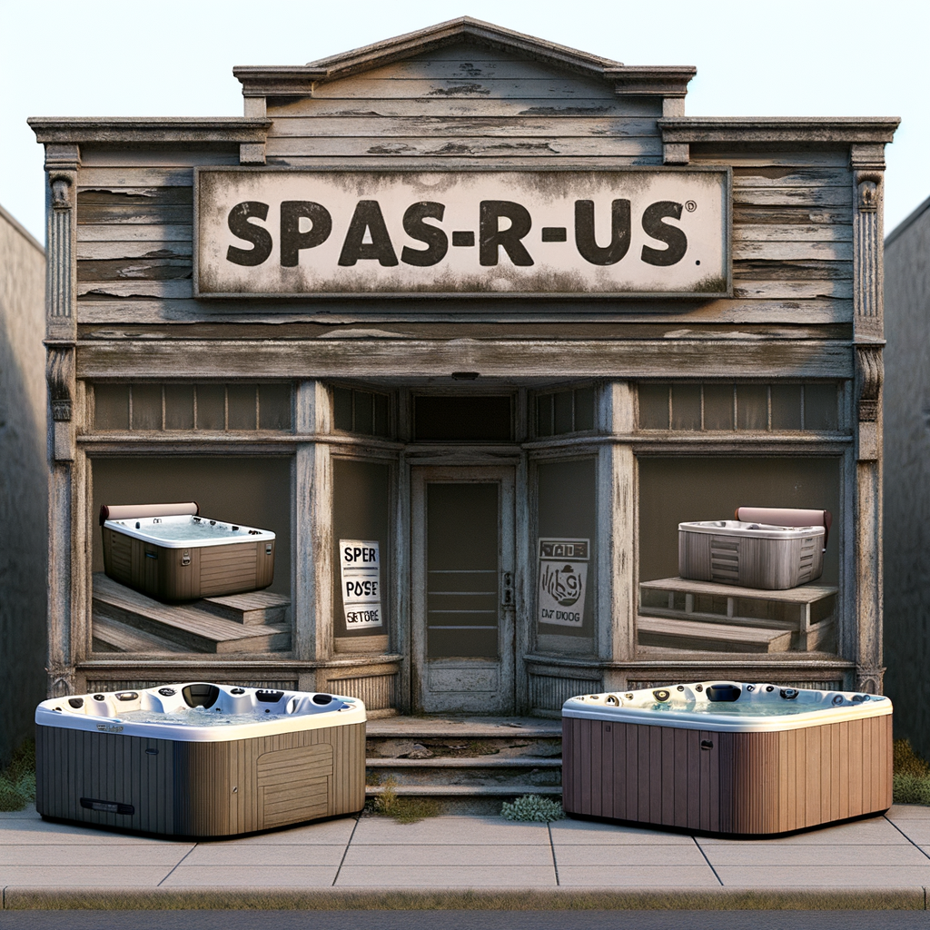 A shabby storefront of a shop that sells hot tubs called  Spas-R-Us