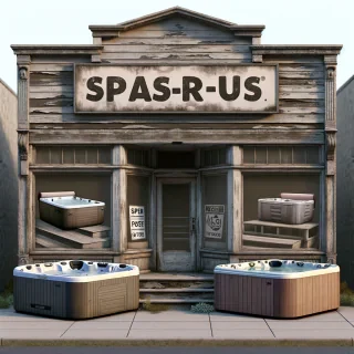 A shabby storefront of a shop that sells hot tubs called  Spas-R-Us